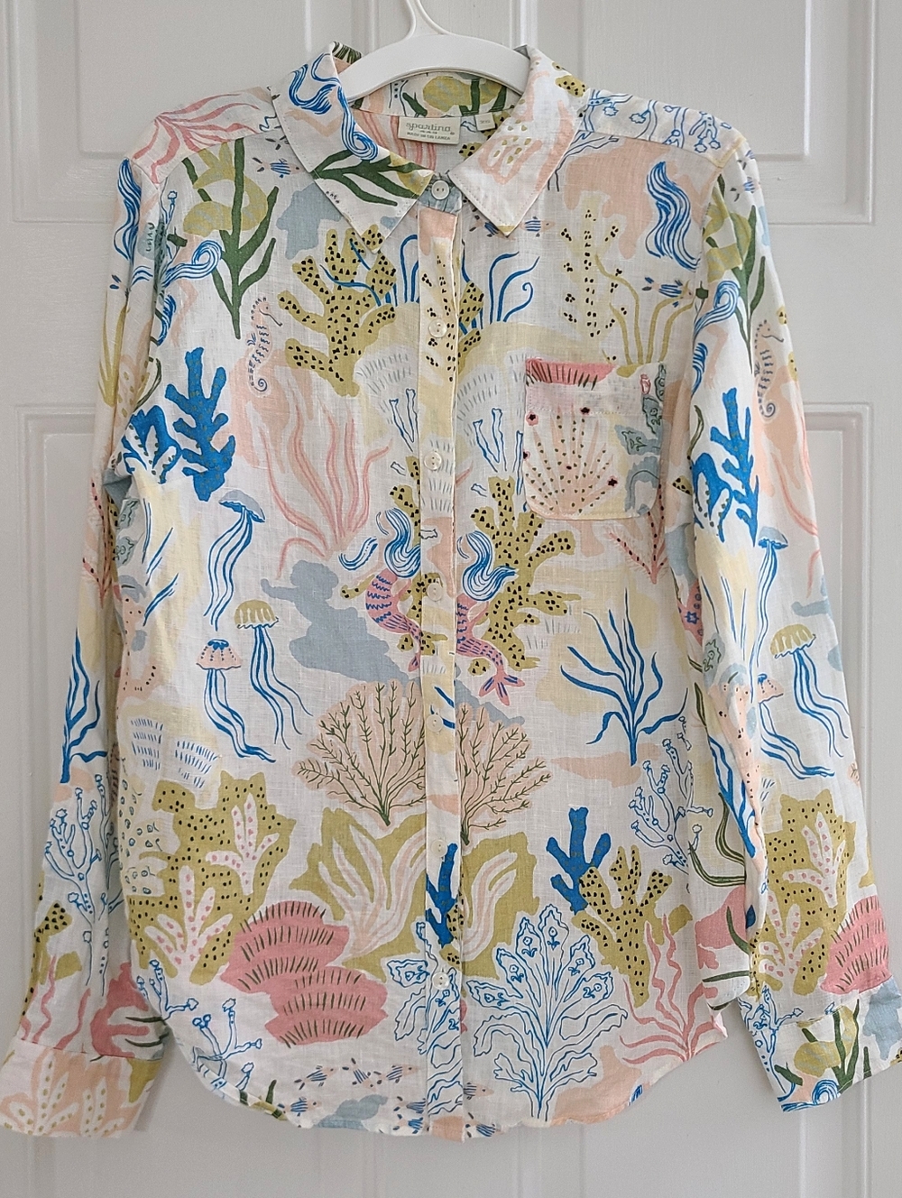 Spartina 449 Callie Linen Shirt Sz XS Mermaid Coral Beach Seahorse Ocean Print
